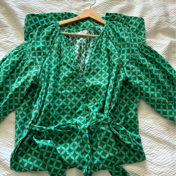 ITAMI Green Geometric Print Boho Style Belted Midi Button Linen Blend Dress - Picture 3 of 11